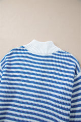 Sky Blue Stripe Zip up Collar Drop Shoulder Sweater Sweaters JT's Designer Fashion