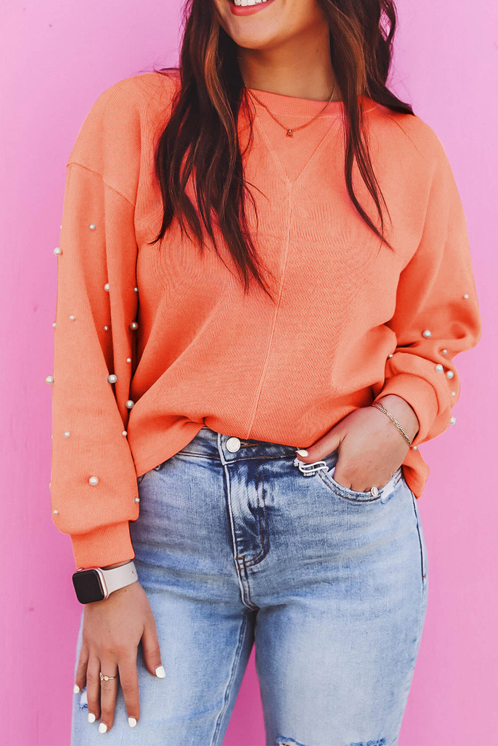 Blossom Pearled Sleeves Drop Shoulder Round Neck Pullover Sweatshirt Sweatshirts & Hoodies JT's Designer Fashion