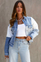 Sky Blue Color Block Denim Patchwork Frayed Hem Jacket Denim Jackets JT's Designer Fashion