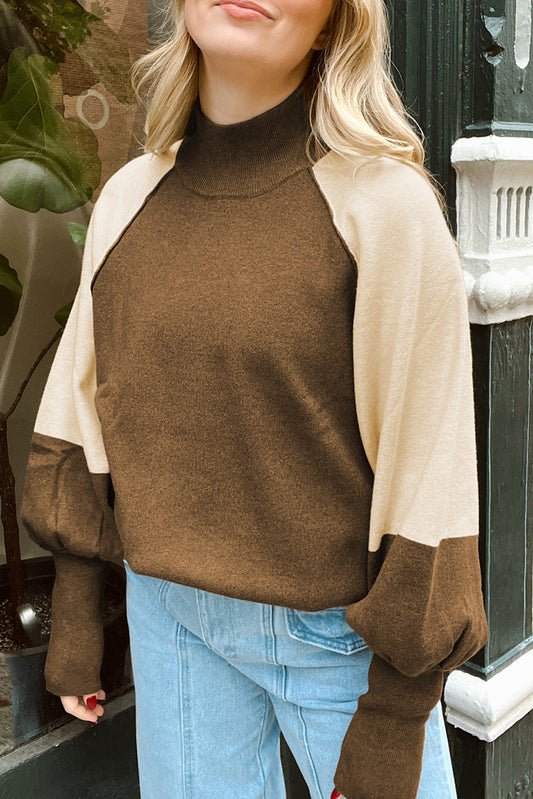 Desert Palm Colorblock Raglan Puff Sleeve Mock Neck Sweater Desert Palm 52%Viscose+26%Polyester+22%Polyamide Sweaters JT's Designer Fashion