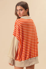 Orange Stripe Color Block Loose Fit Collared Drop Shoulder Sweatshirt Sweatshirts & Hoodies JT's Designer Fashion