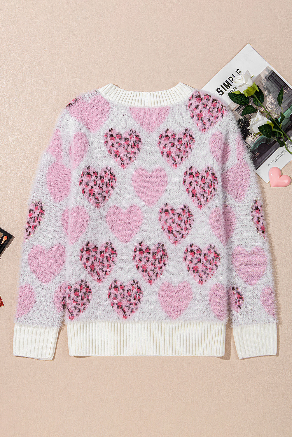 Pink Heart Leopard Print Pearled Ribbed Trim Fuzzy Sweater Sweaters JT's Designer Fashion