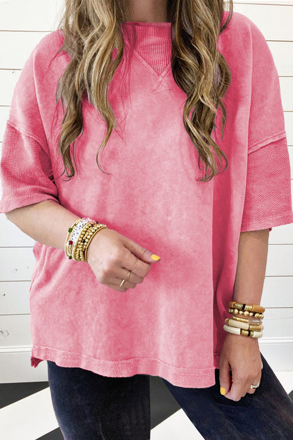 Strawberry Pink Mineral Wash Drop Sleeve Patchwork Plus Tee Strawberry Pink 85%Cotton+15%Polyester Plus Size JT's Designer Fashion
