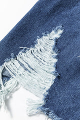 Sky Blue Light Wash Distressed Frayed Long Denim Jacket Denim Jackets JT's Designer Fashion