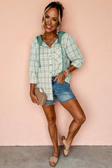 Green Checkered Print Loose Fit Buttoned Hooded Shacket Plaid Shackets JT's Designer Fashion