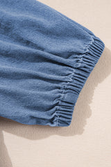 Dusk Blue Tied Front Bubble Sleeve Peplum Denim Shirt Blouses & Shirts JT's Designer Fashion