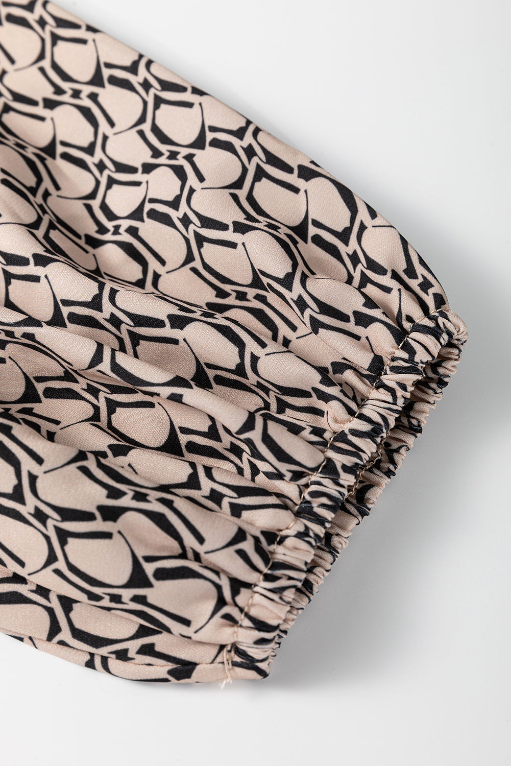 Khaki Geometric Print Notched Neck Puff Sleeve Blouse Blouses & Shirts JT's Designer Fashion