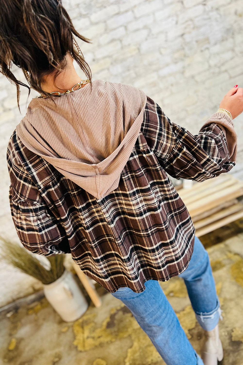 Brown Plaid Patchwork Long Sleeve Button Hooded Blouse Blouses & Shirts JT's Designer Fashion
