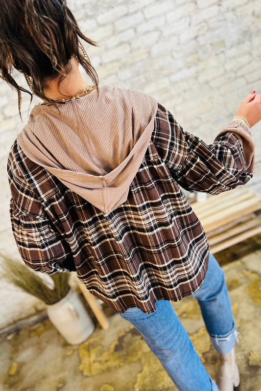 Brown Plaid Patchwork Long Sleeve Button Hooded Blouse Blouses & Shirts JT's Designer Fashion