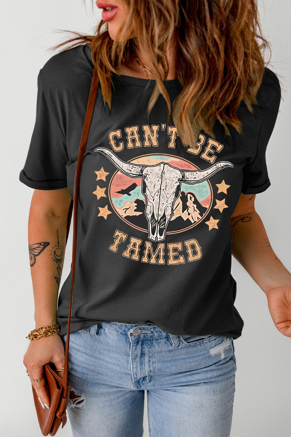 Black Western CAN'T BE TAMED Longhorn Graphic T Shirt Graphic Tees JT's Designer Fashion