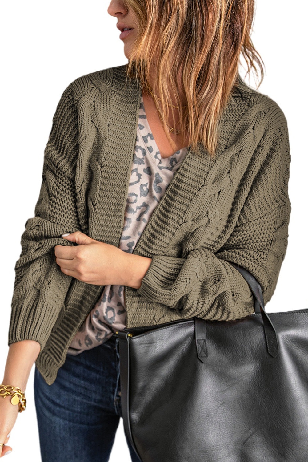 Olive Chunky Wide Long Sleeve Knit Cardigan Sweaters & Cardigans JT's Designer Fashion