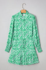 Green Paisley Print Long Sleeve Button Front Tied Waist Mini Dress Mini Dresses JT's Designer Fashion