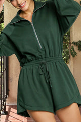 Blackish Green Collared Half Zip French Terry Knit Drawstring Casual Romper Jumpsuits & Rompers JT's Designer Fashion