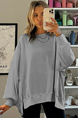 Gray Waffle knit Bishop Sleeve Split Oversized Top Long Sleeve Tops JT's Designer Fashion