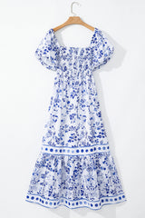Sky Blue Floral Print Square Neck Bubble Sleeve High Waist Long Dress Maxi Dresses JT's Designer Fashion