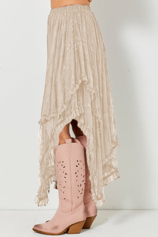 Apricot Lace Cascading Tiered High Waist Maxi Skirt Skirts & Petticoat JT's Designer Fashion