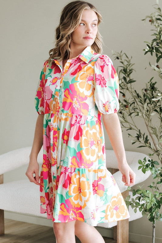Pink Floral Puff Sleeve Collar Buttoned Babydoll Dress Floral Dresses JT's Designer Fashion