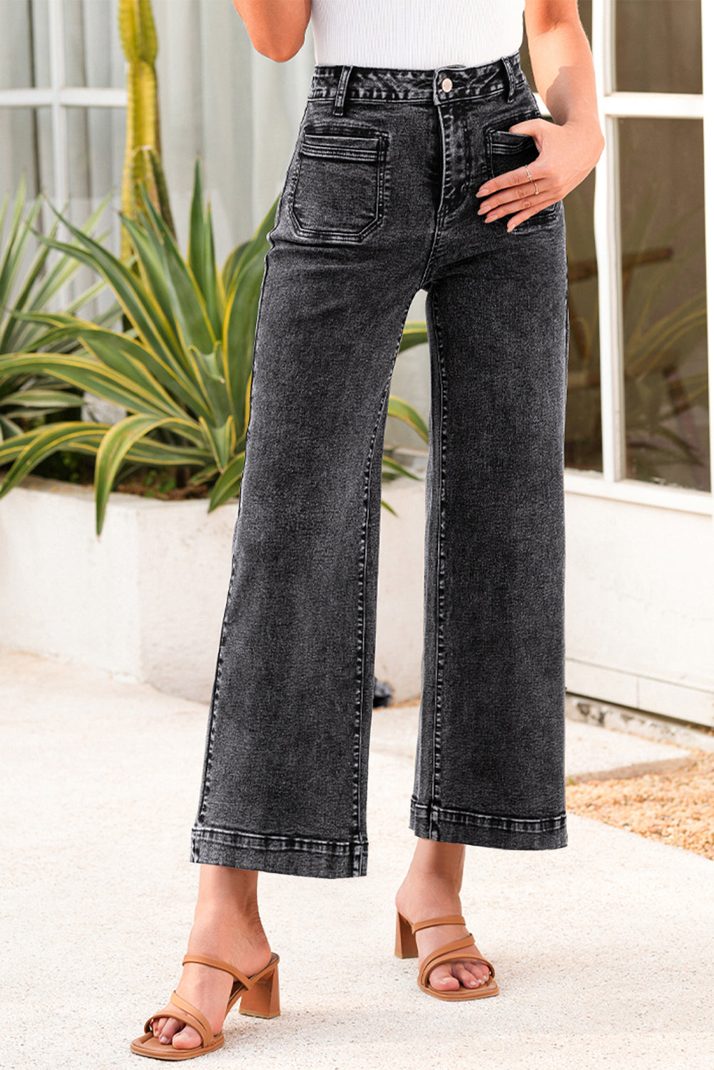 Black Chic Patch Pocket Straight Leg Loose Jeans Jeans JT's Designer Fashion
