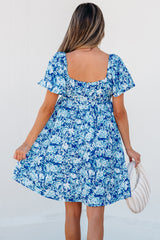 Blue Floral Puff Sleeve Babydoll Mini Dress Floral Dresses JT's Designer Fashion