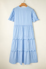 Sky Blue Stripe Bubble Short Sleeve Tiered Scallop Long Dress Maxi Dresses JT's Designer Fashion