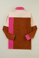Rose Red Colorblock Curved Hem Corduroy Shacket with Pocket Jackets JT's Designer Fashion