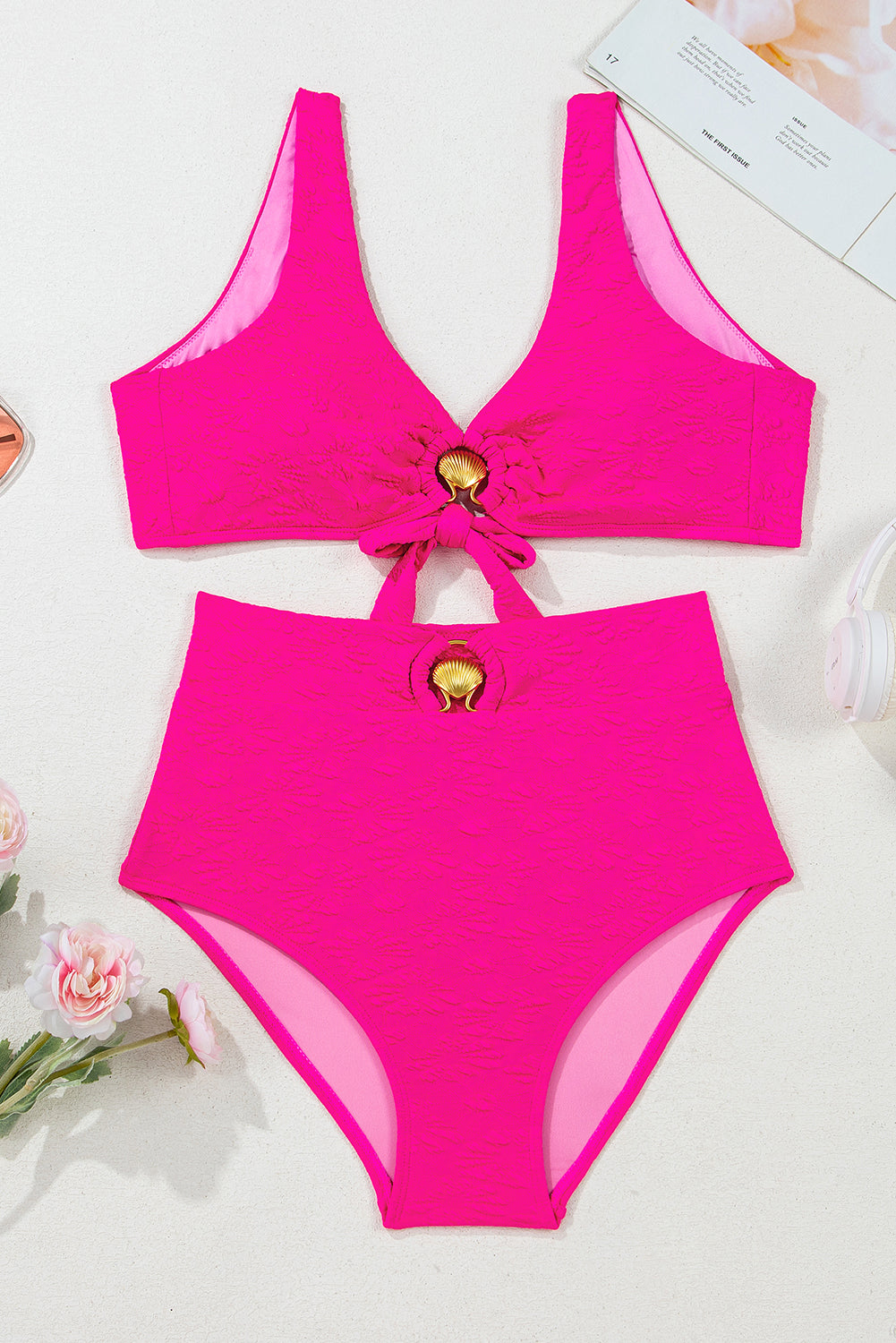 Rose Red Gold Shell Decor Wire-free Knotted 2pcs Bikini Swimsuit High Waisted Swimsuit JT's Designer Fashion