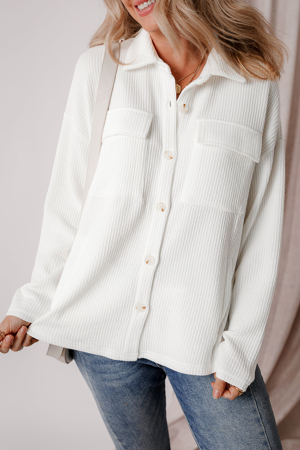 White Solid Color Corduroy Buttoned Long Sleeve Jacket White 85%Polyester+10%Viscose+5%Elastane Jackets JT's Designer Fashion