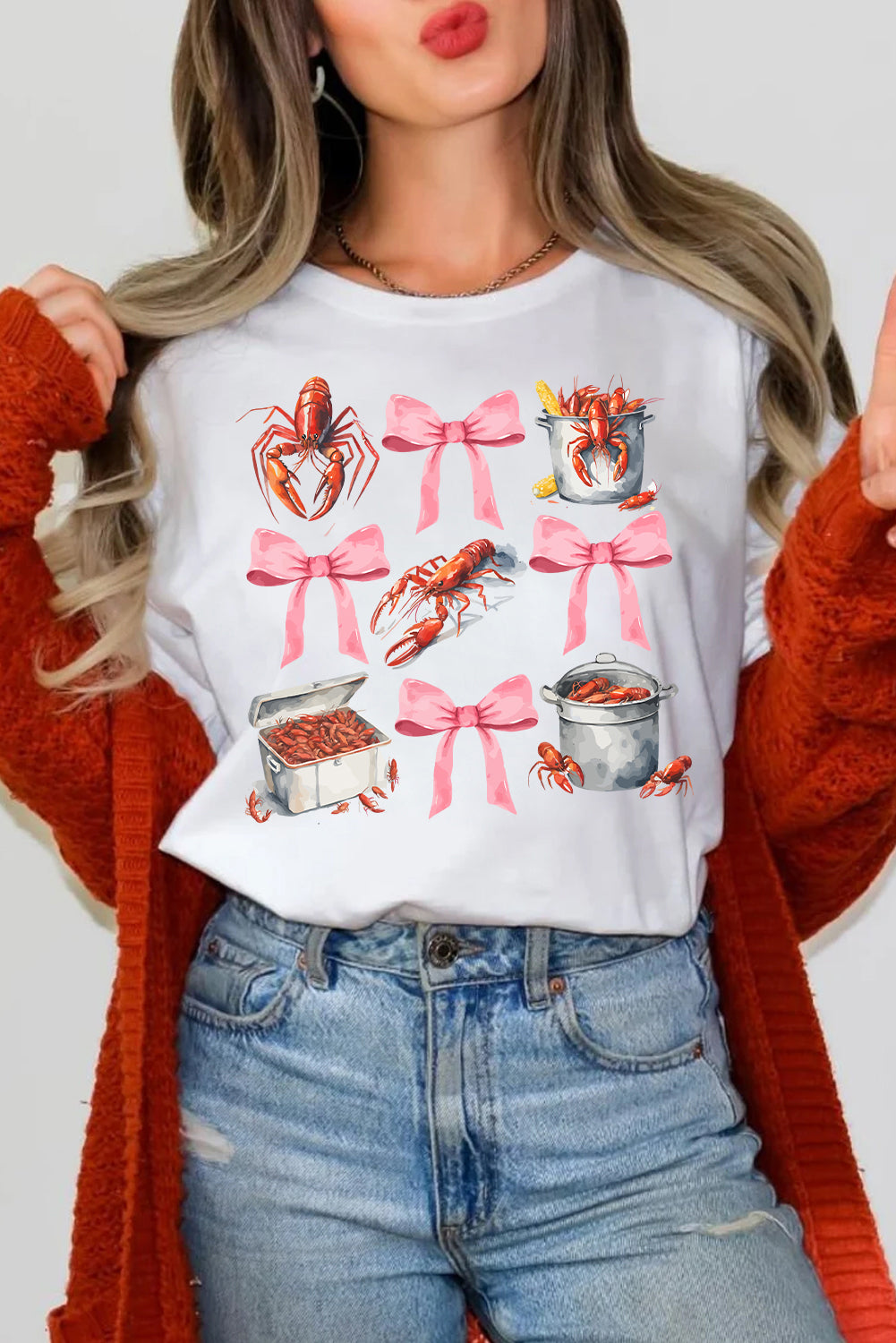 White Crawfish Boil Bow Graphic Crewneck Tee Graphic Tees JT's Designer Fashion