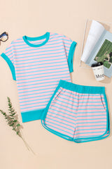 Pink Stripe Color Block Loose Fit Two Piece Shorts Set Short Sets JT's Designer Fashion