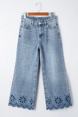 Dusk Blue Embroidered Cropped Wide Leg High Waist Jeans Jeans JT's Designer Fashion