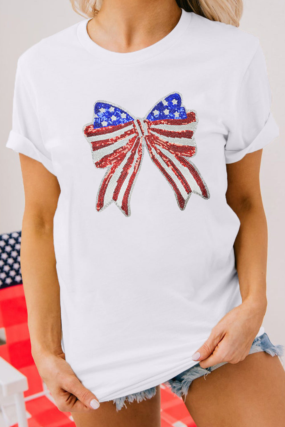 White USA Flag Bow Knot Patched Crew Neck T Shirt Graphic Tees JT's Designer Fashion