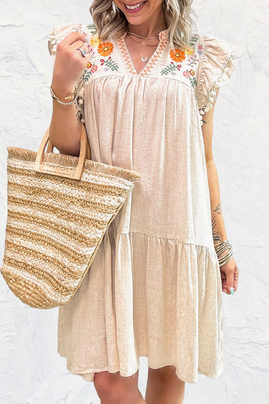 Jet Stream Linen Embroidery Split Neck Pom Pom Ruffle Sleeves Flowy Short Dress Mini Dresses JT's Designer Fashion