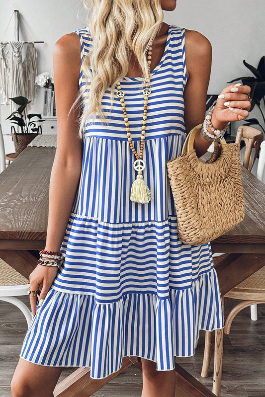 Sky Blue Stripe U Neck Sleeveless Loose Fit Mini Dress Dresses JT's Designer Fashion