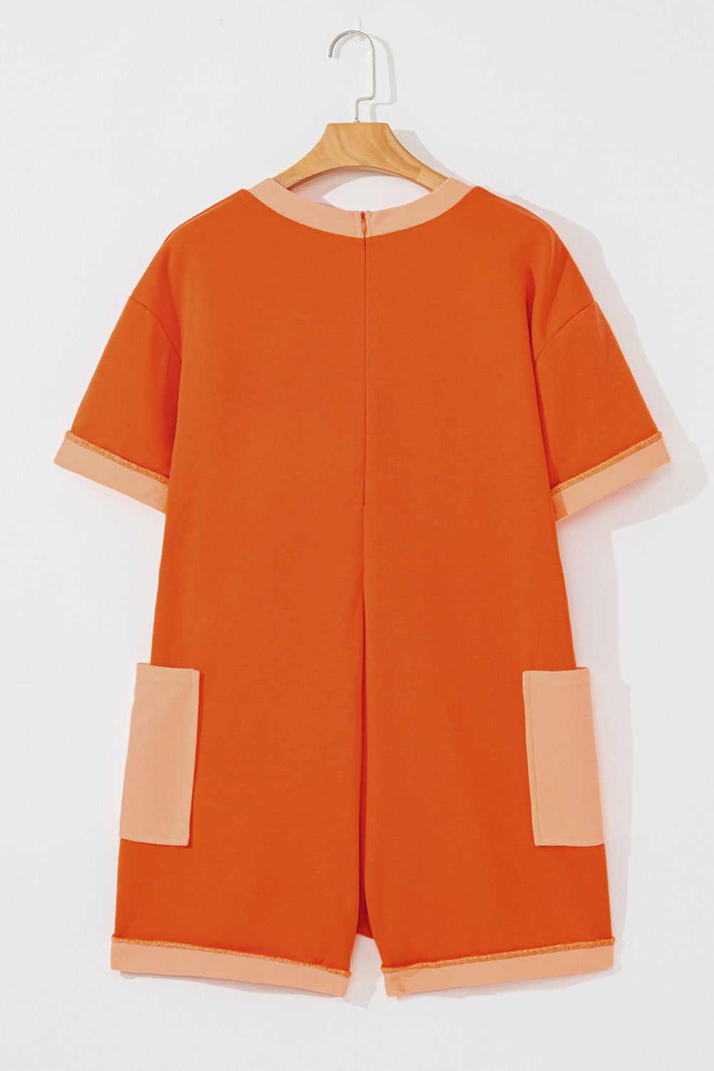 Russet Orange Two-tone Short Sleeve V Neck Patched Pocket Loose Romper Jumpsuits & Rompers JT's Designer Fashion