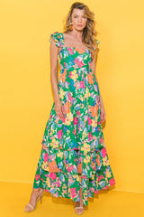 Green Floral Print Sleeveless Ruffle Tiered Maxi Dress Floral Dresses JT's Designer Fashion