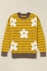Yellow Stripe Daisy Floral Knitted Round Neck Sweater Sweaters JT's Designer Fashion