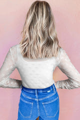 White Mesh Bow Pattern Long Sleeve Top Long Sleeve Tops JT's Designer Fashion