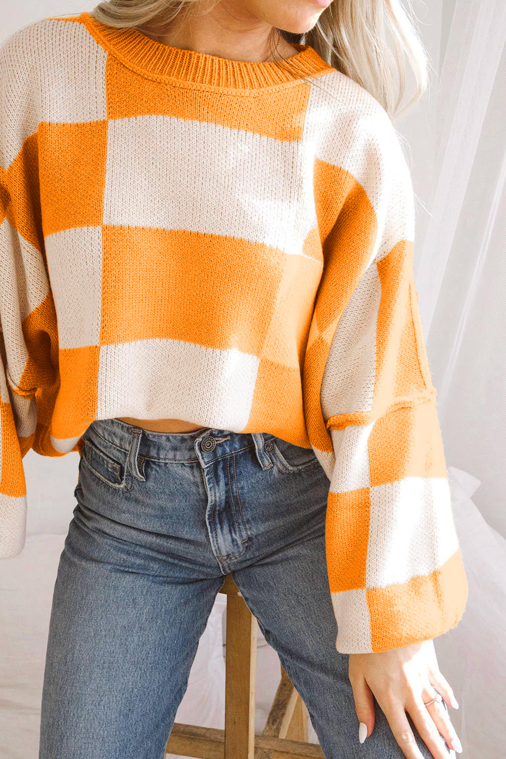 Orange Checkered Bishop Sleeve Sweater Sweaters & Cardigans JT's Designer Fashion