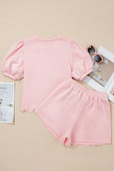 Light Pink Puff Sleeve Pearl Embellished Scallop Trim Top 2 Piece Skort Set Two Piece Dresses JT's Designer Fashion