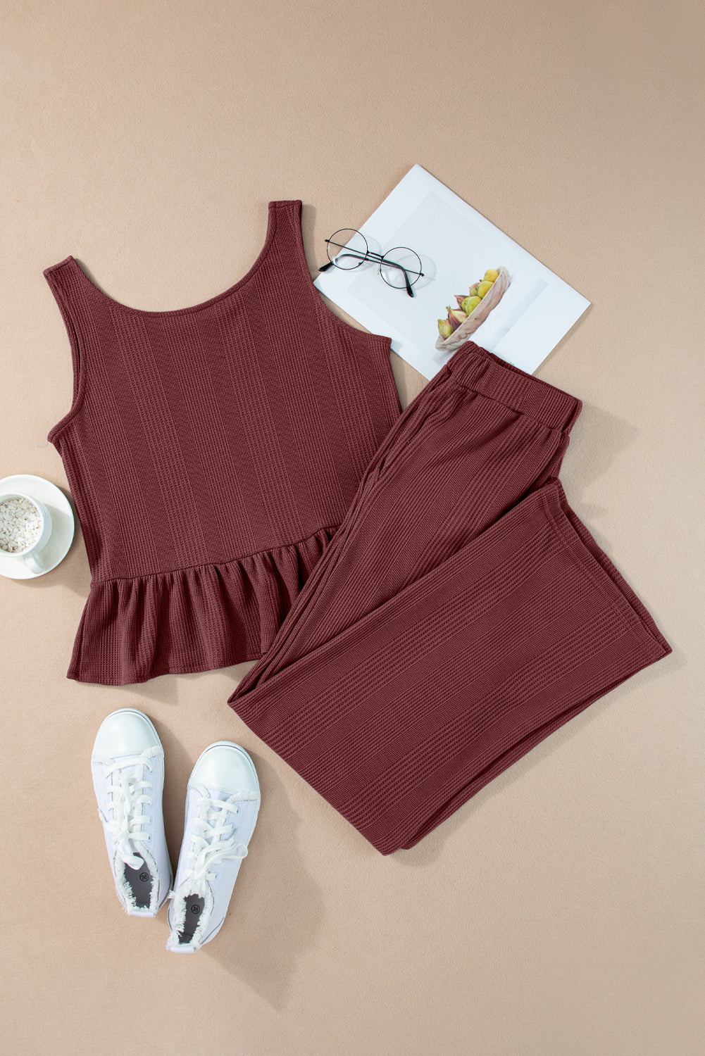 Red Dahlia Solid Color Ribbed Ruffle Tank Top and Pants Set Pant Sets JT's Designer Fashion