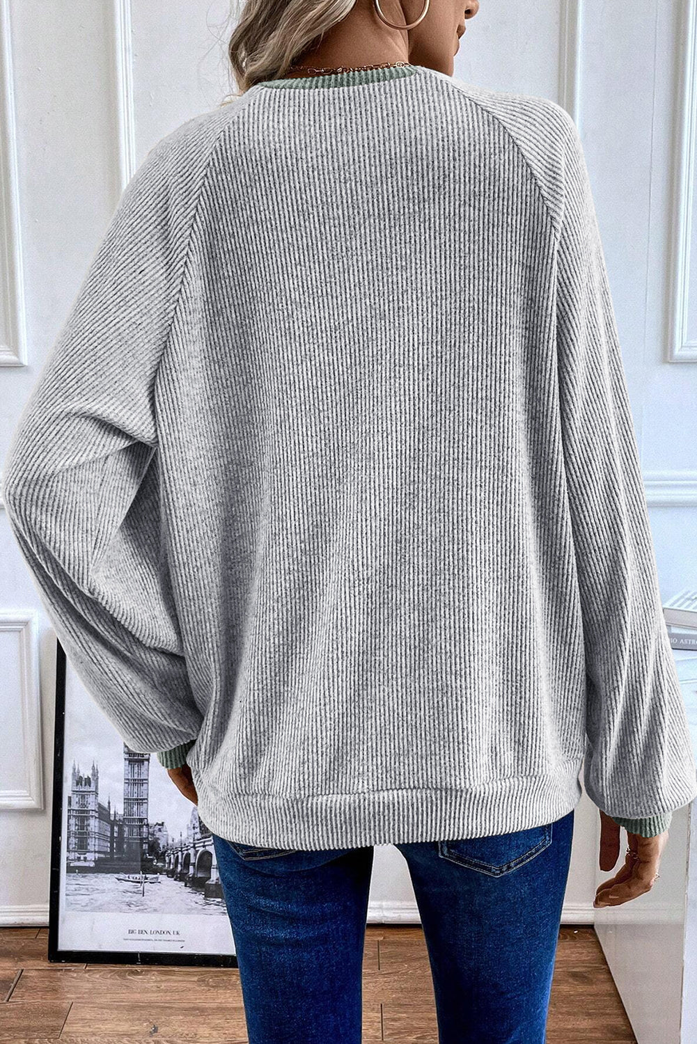 Light Grey Color Contrast Ribbed Loose Fit Long Sleeve Top Long Sleeve Tops JT's Designer Fashion
