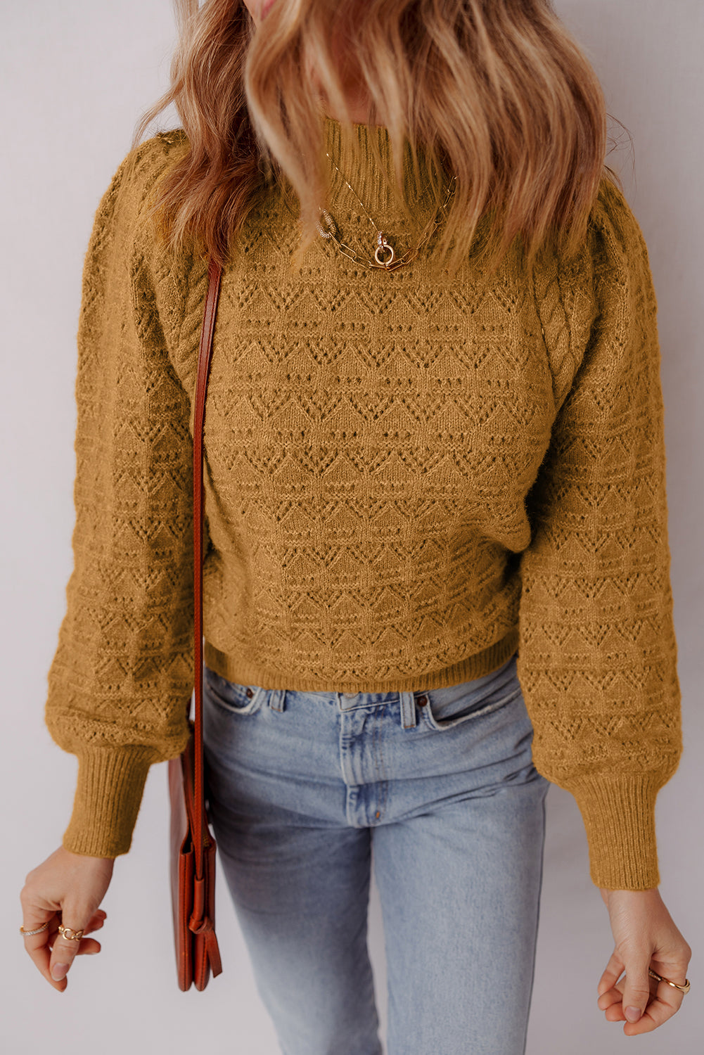 Jurassic Gold Hollow Out Crochet Ribbed Edge Balloon Sleeve Sweater Sweaters JT's Designer Fashion