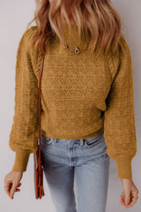 Jurassic Gold Hollow Out Crochet Ribbed Edge Balloon Sleeve Sweater Sweaters JT's Designer Fashion