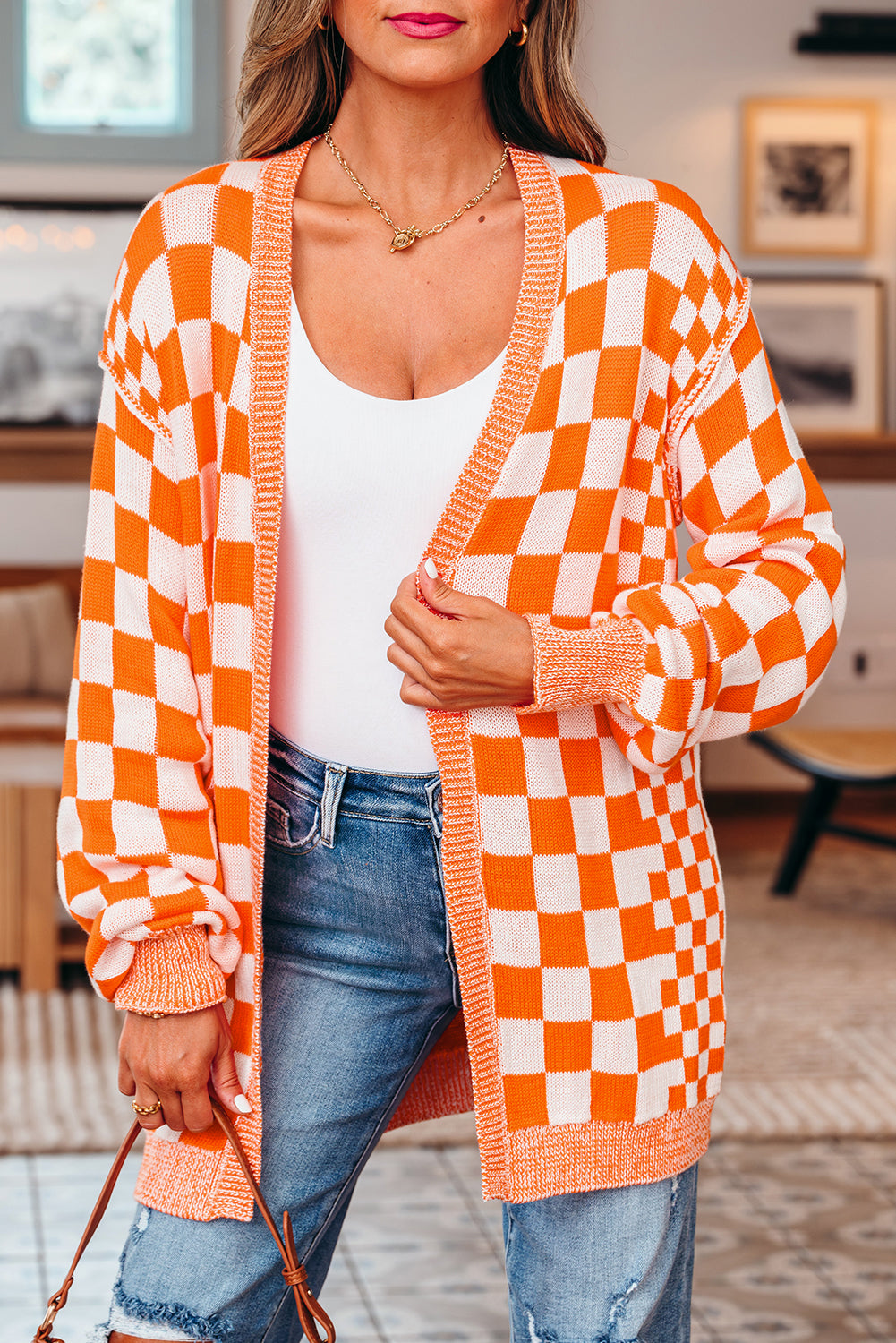 Orange Checkered Open Front Drop Shoulder Cardigan Cardigans JT's Designer Fashion