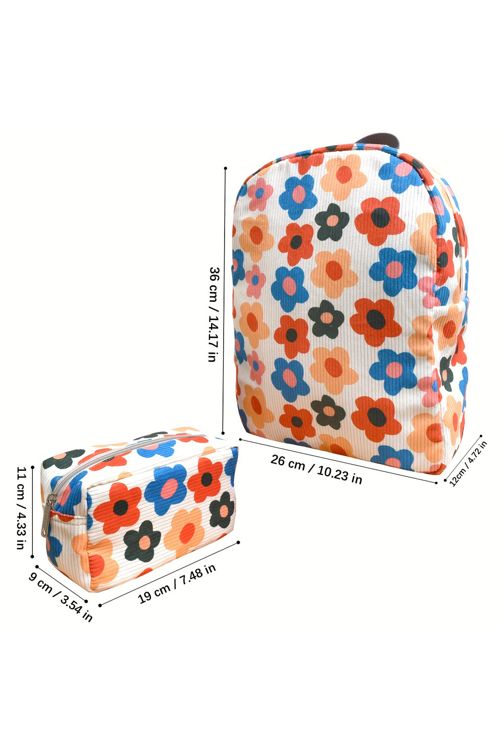Khaki Flower Print Corduroy Backpack with Matching Pouch Backpacks JT's Designer Fashion