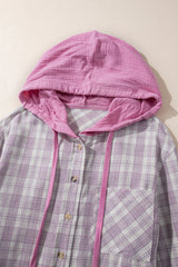 Pink Checkered Print Loose Fit Buttoned Hooded Shacket Plaid Shackets JT's Designer Fashion