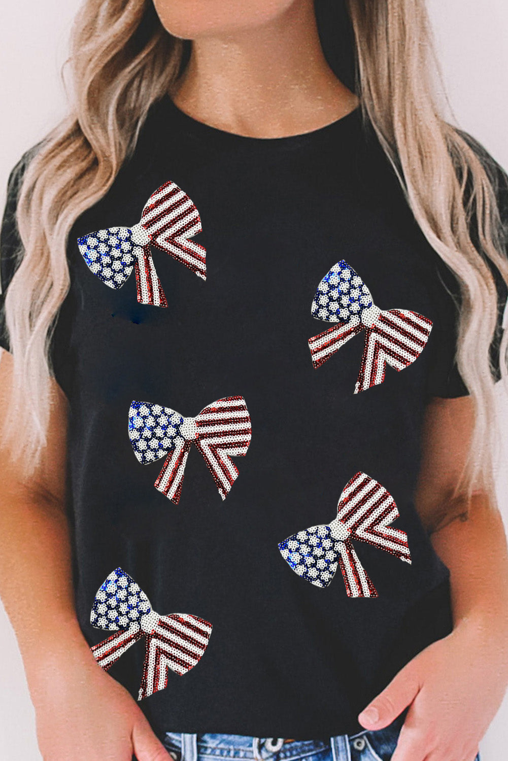 Black Sequined Flag Bowknot Graphic T Shirt Graphic Tees JT's Designer Fashion