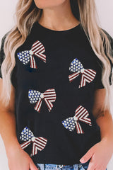 Black Sequined Flag Bowknot Graphic T Shirt Graphic Tees JT's Designer Fashion