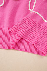 Bright Pink Corded Flower Bow Ribbed Trim Casual Sweater Sweaters JT's Designer Fashion