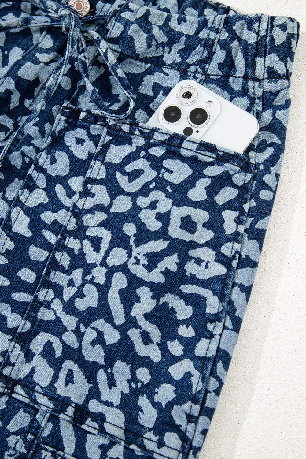 Blue Leopard Printed Drawstring Elastic Waistband Pocketed Wide Leg Jeans Jeans JT's Designer Fashion